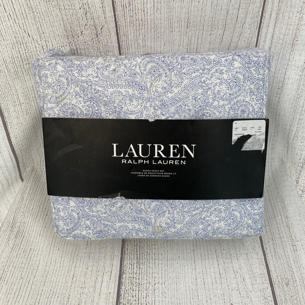 Lauren Ralph Lauren Sheet Set Queen Blue White Paisley Cotton 4pc Deep Pocket